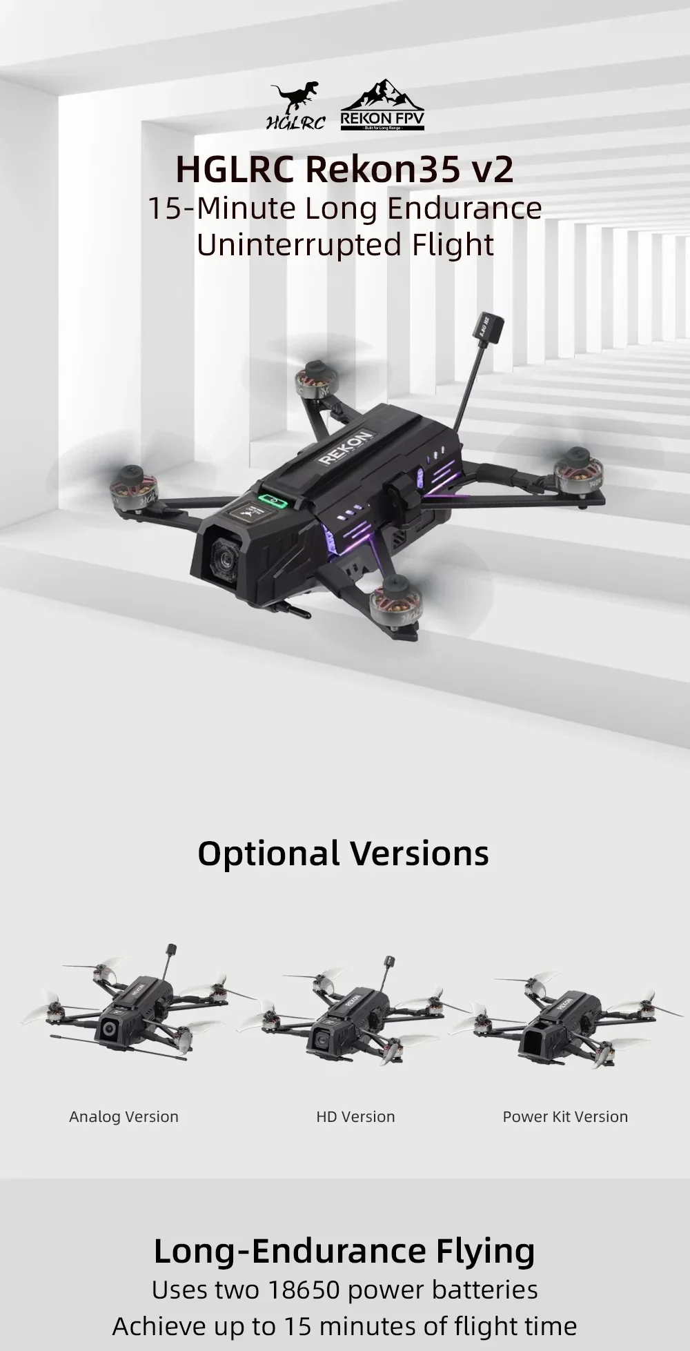 HGLRC Rekon35 v2 long-range FPV drone overview with optional Analog, HD, and Power Kit versions