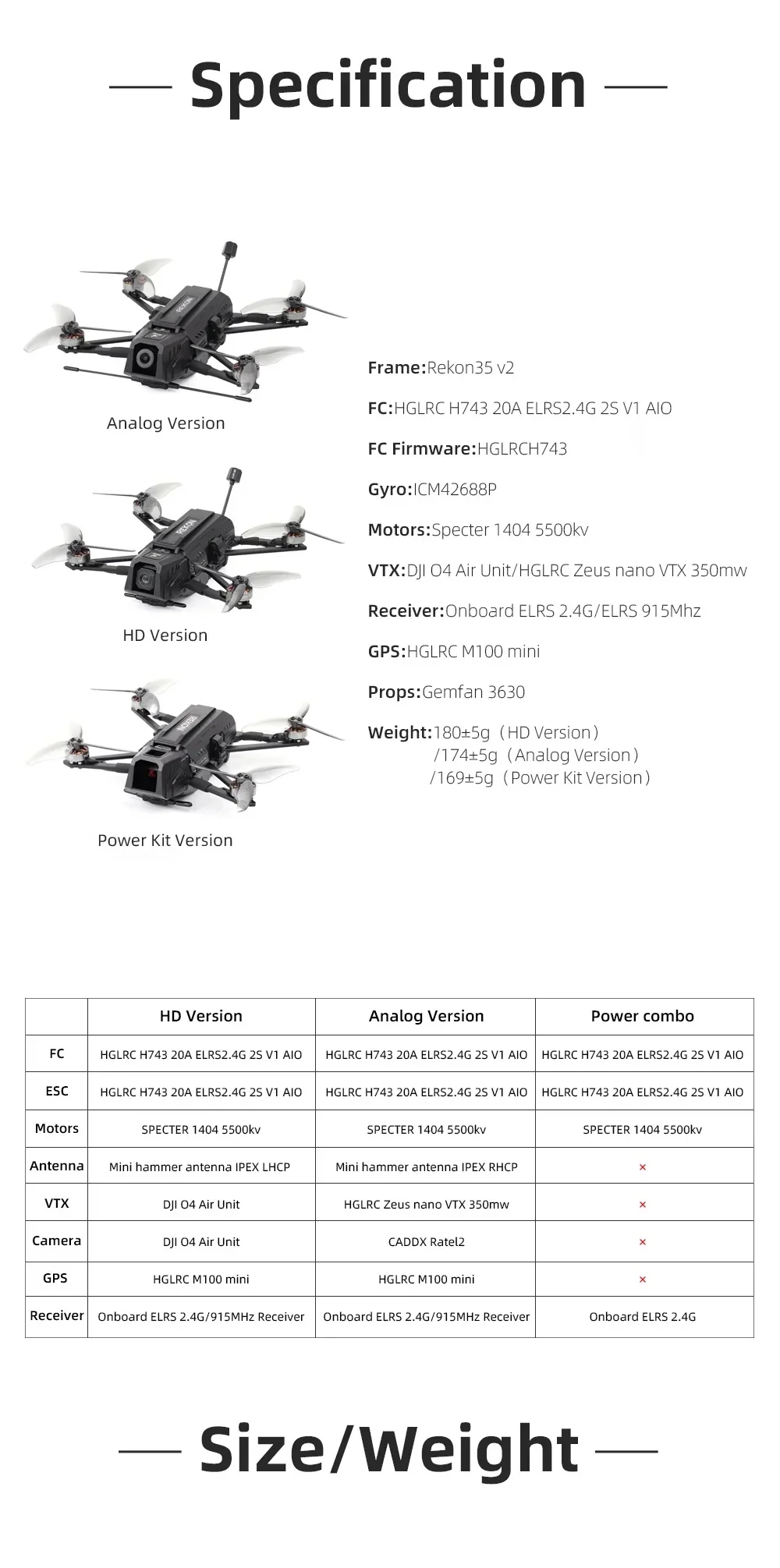 HGLRC Rekon35 v2 specification sheet comparing Analog, HD, and Power Kit versions with key components and weights