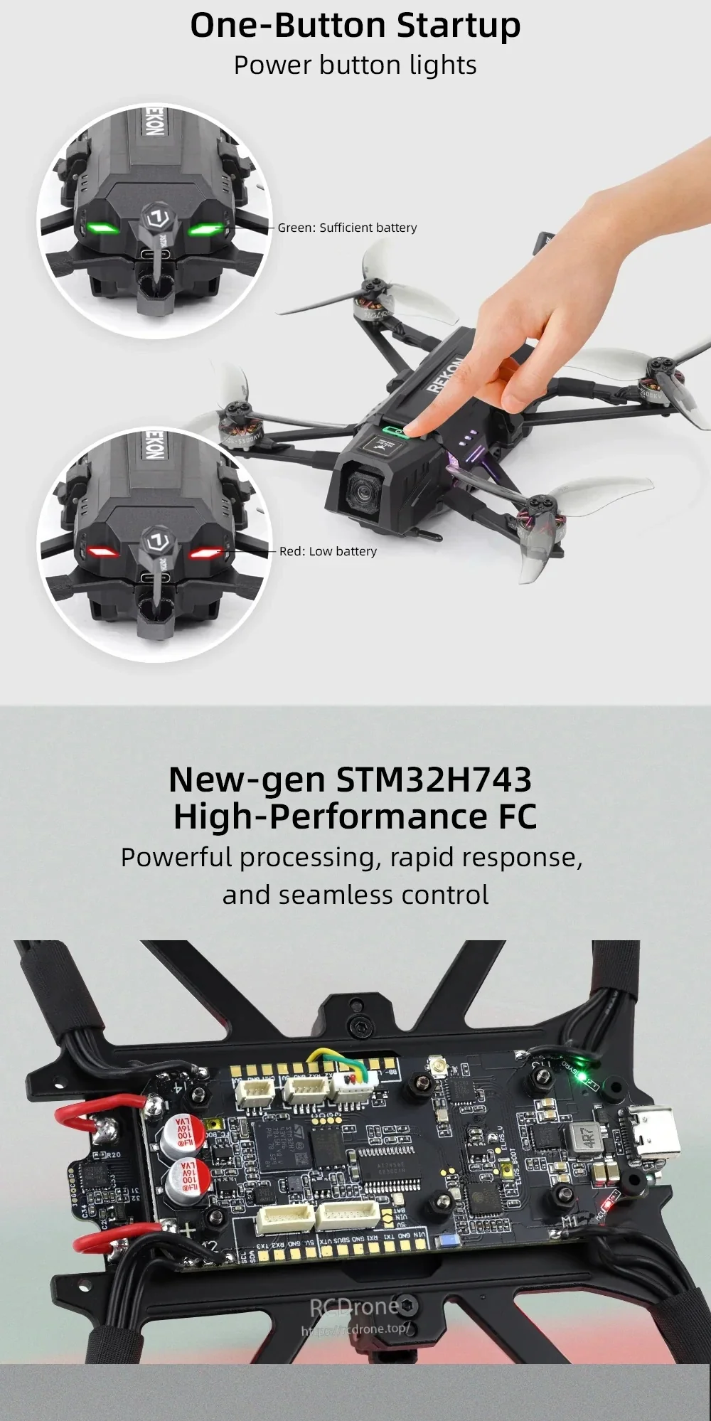 One-button startup with green/red battery status LEDs and close-up of STM32H743 flight controller board