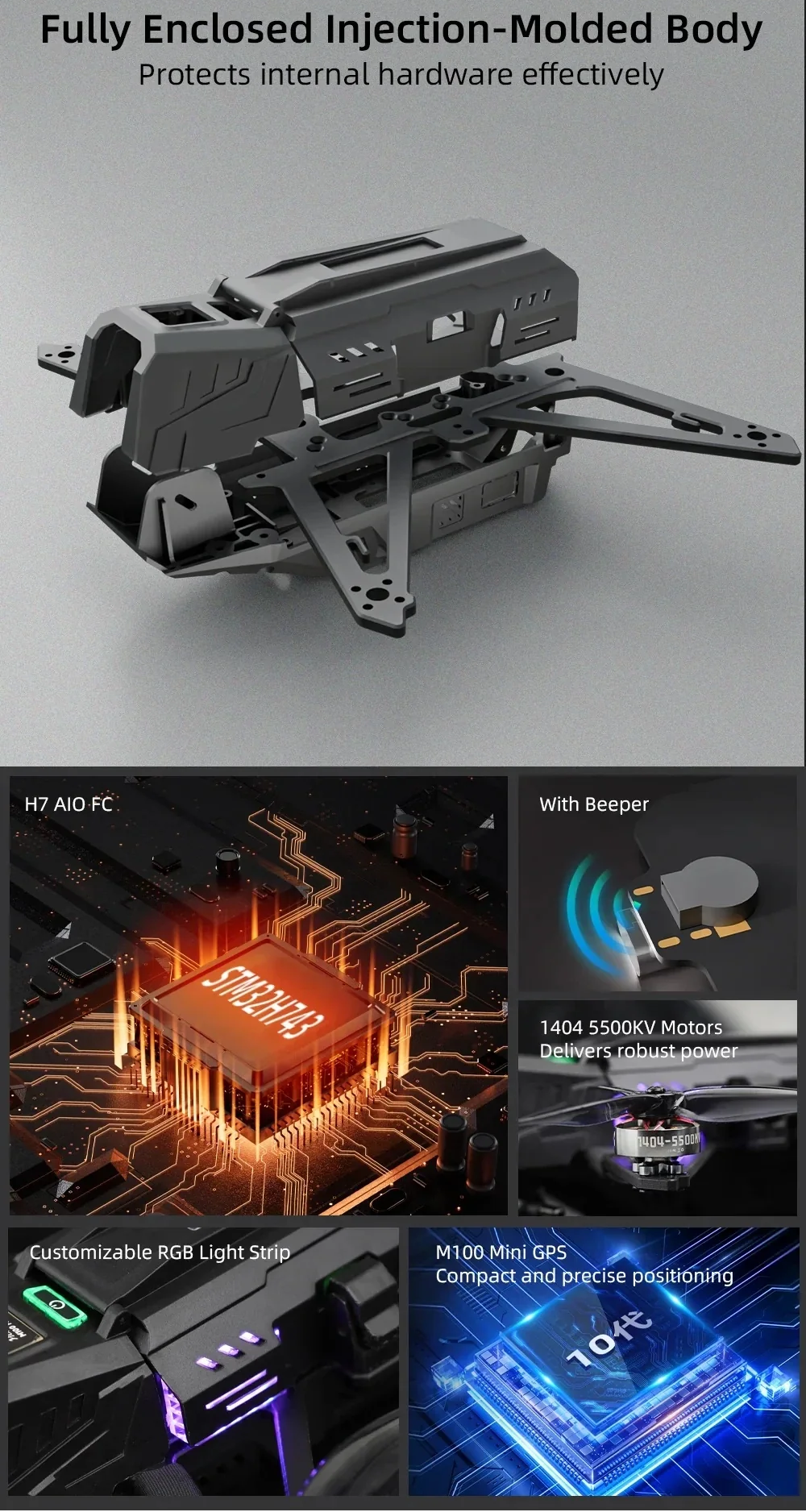 Fully enclosed injection-molded Rekon35 v2 body plus feature highlights: H743 AIO FC, beeper, 1404 motors, RGB, M100 GPS