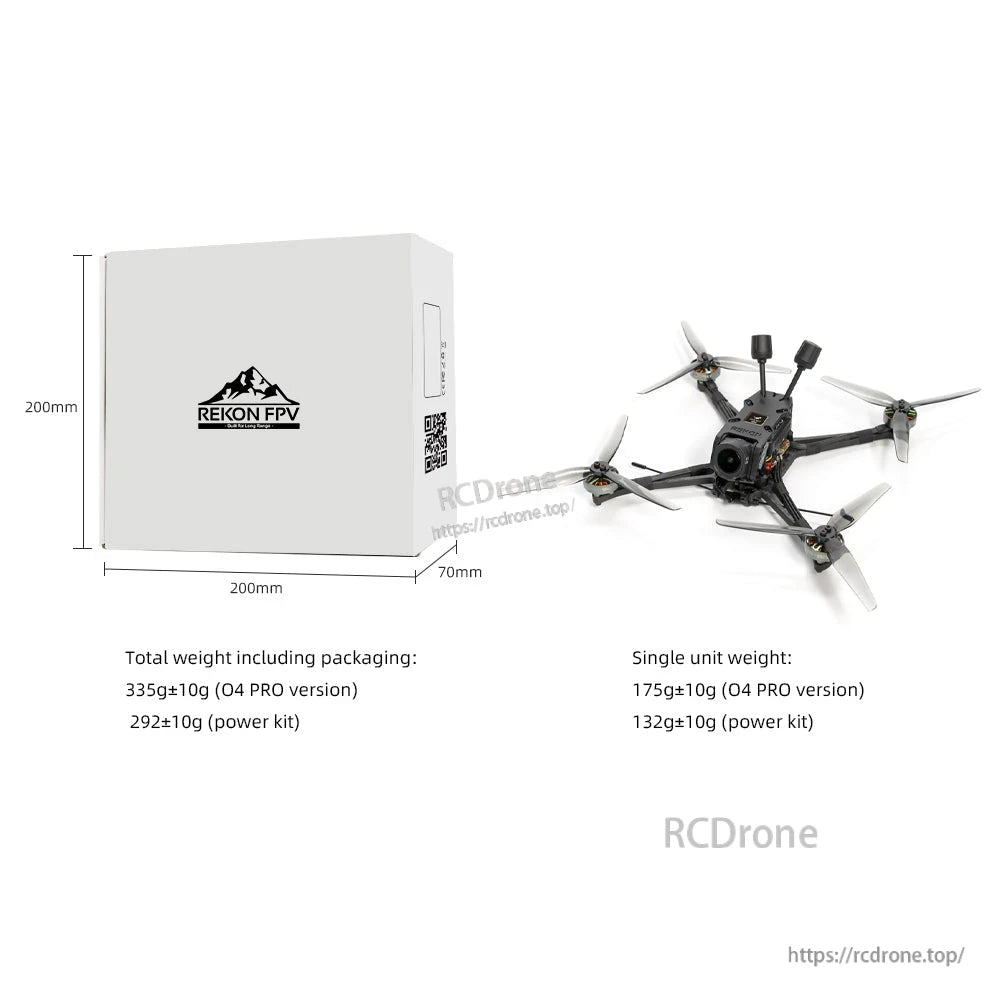 Packaging box dimensions graphic (200×200×70 mm) with total and single unit weight text and drone photo