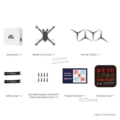 Package contents layout: Rekon 5 Lite drone, prop set, packing box, battery straps, screws, cards