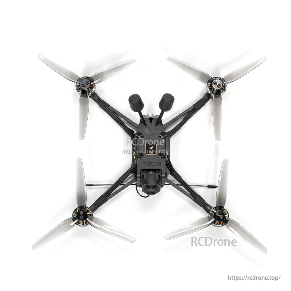 Overhead centered view of Rekon 5 Lite quadcopter showing camera mount and arm layout
