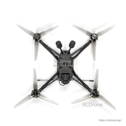 Overhead centered view of Rekon 5 Lite quadcopter showing camera mount and arm layout