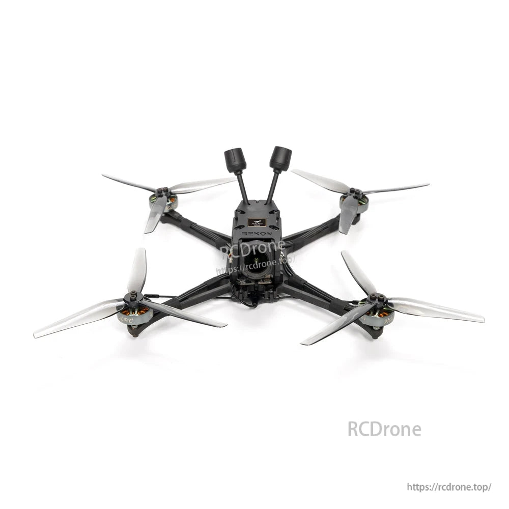 Top-down view of HGLRC Rekon5 Lite 5-inch long-range FPV drone with four props and dual antennas