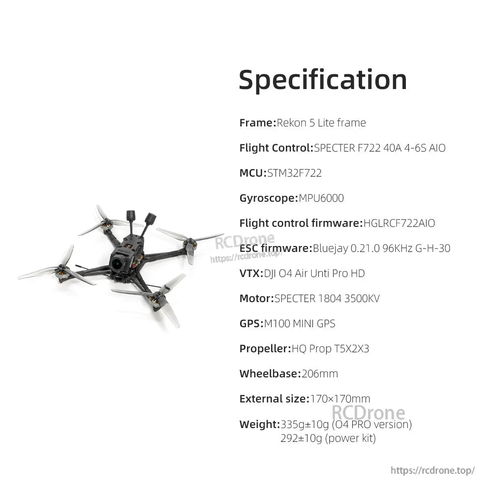 Rekon 5 Lite specification sheet graphic listing flight controller, MCU, VTX, motor, GPS, props and size