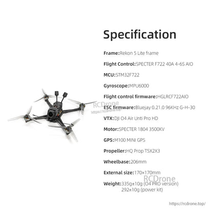 Rekon 5 Lite specification sheet graphic listing flight controller, MCU, VTX, motor, GPS, props and size
