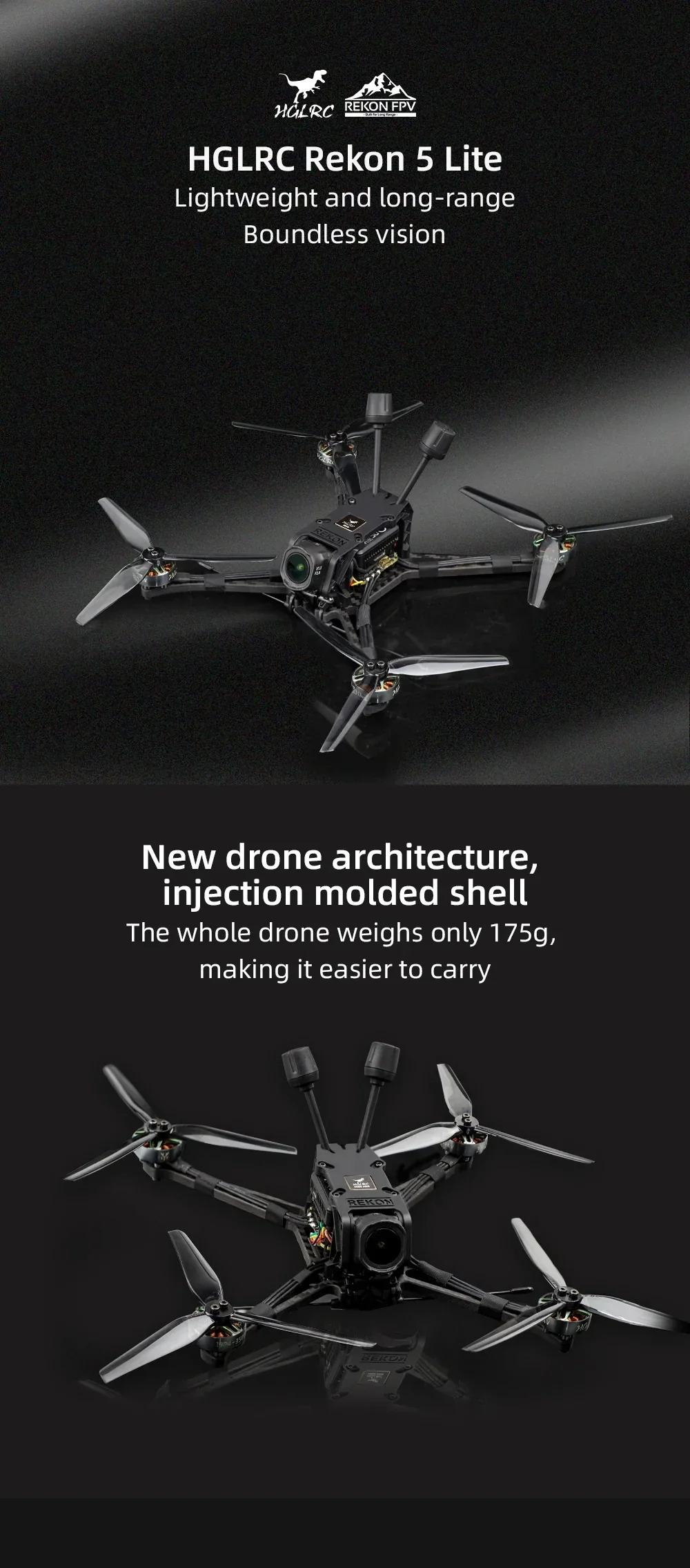 HGLRC Rekon5 Lite 5-inch long-range FPV drone with injection-molded shell and compact lightweight frame