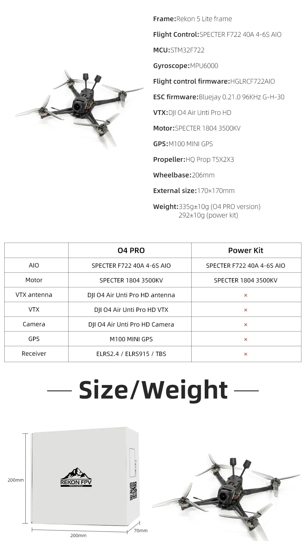 HGLRC Rekon5 Lite specs list and size/weight chart with 200×200×70mm packaging dimensions and frame photo