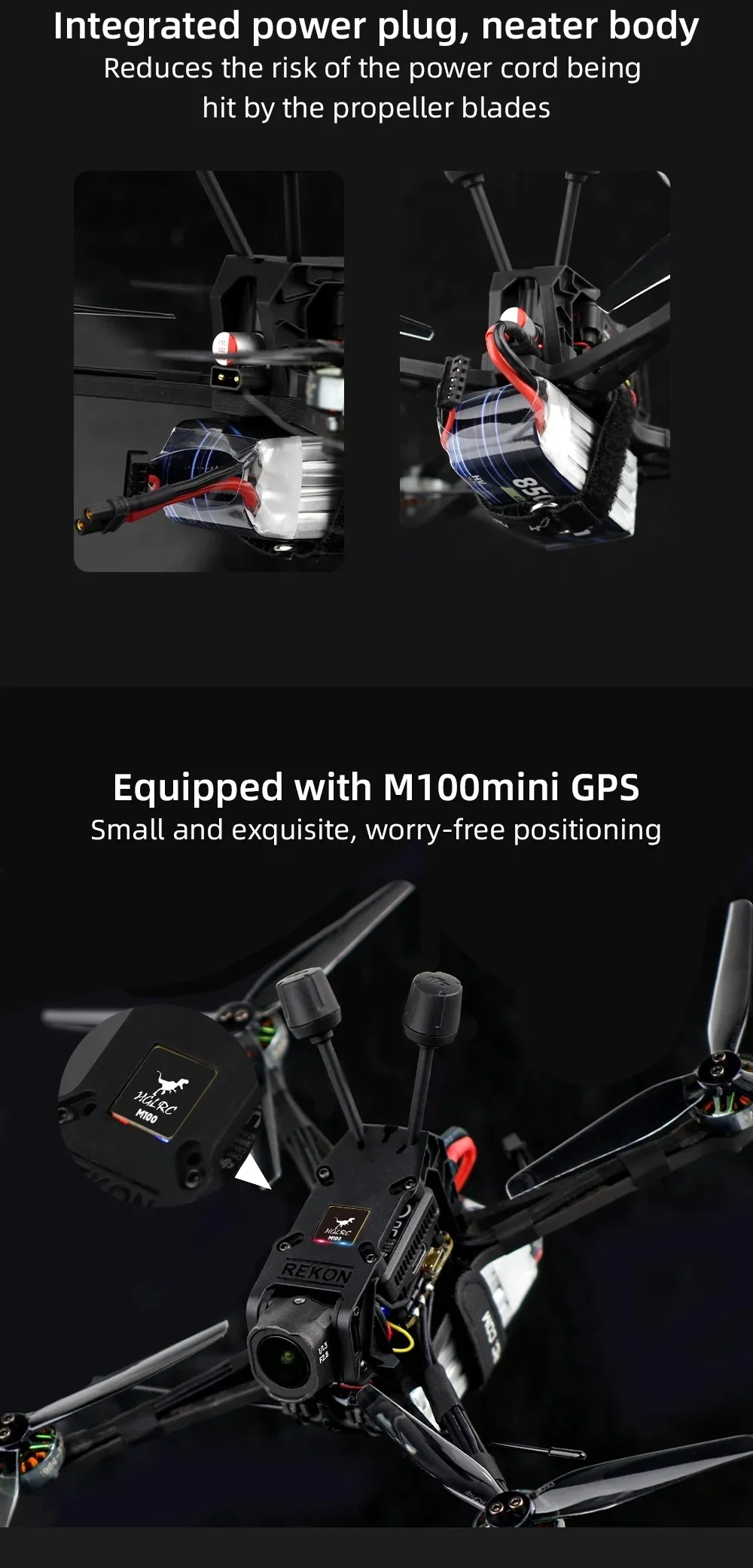 Close-up of Rekon 5 Lite integrated power plug layout and M100 mini GPS module mounted on the frame