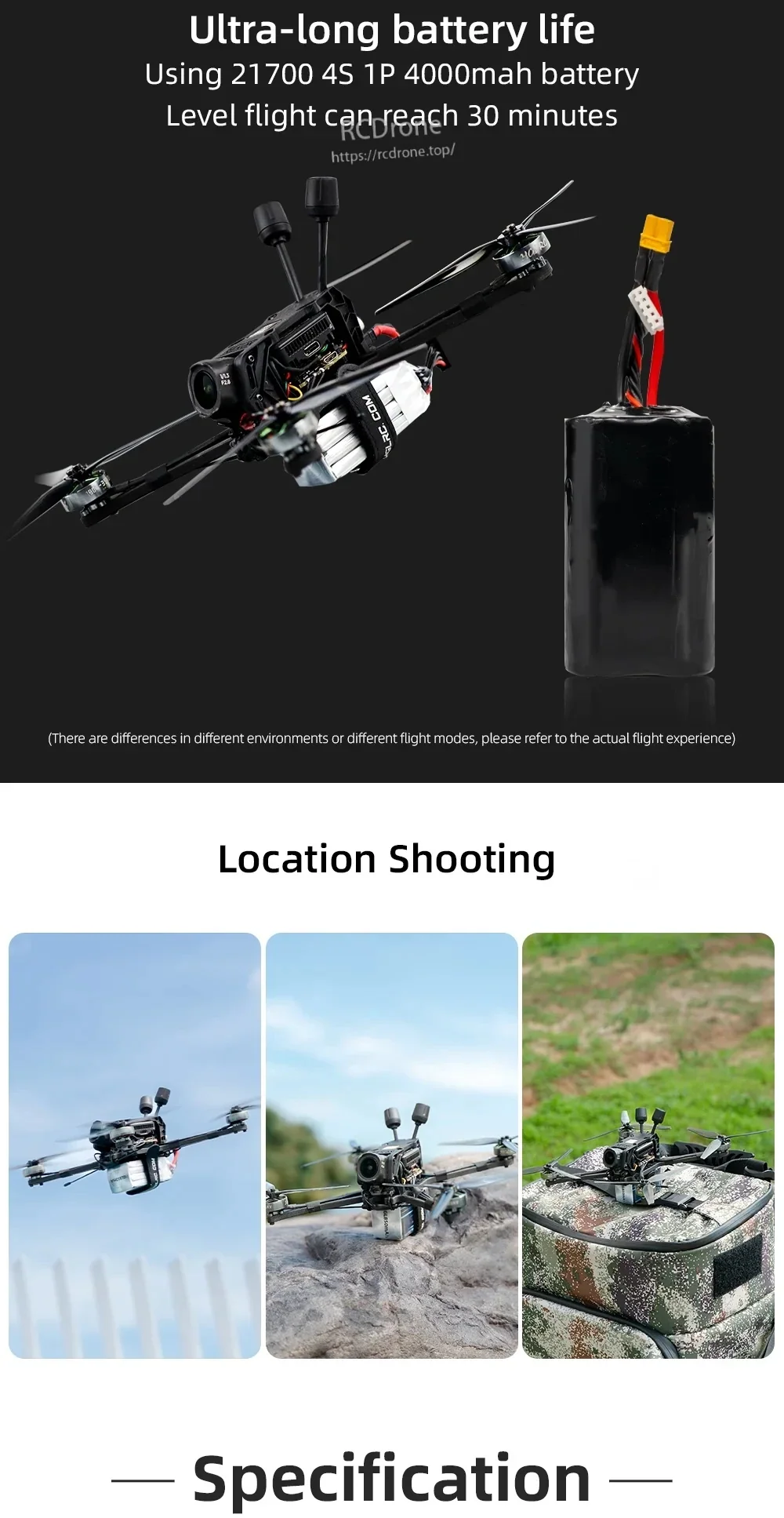 Rekon 5 Lite with 21700 4S 1P 4000mAh battery example and outdoor long-range FPV flight lifestyle shots