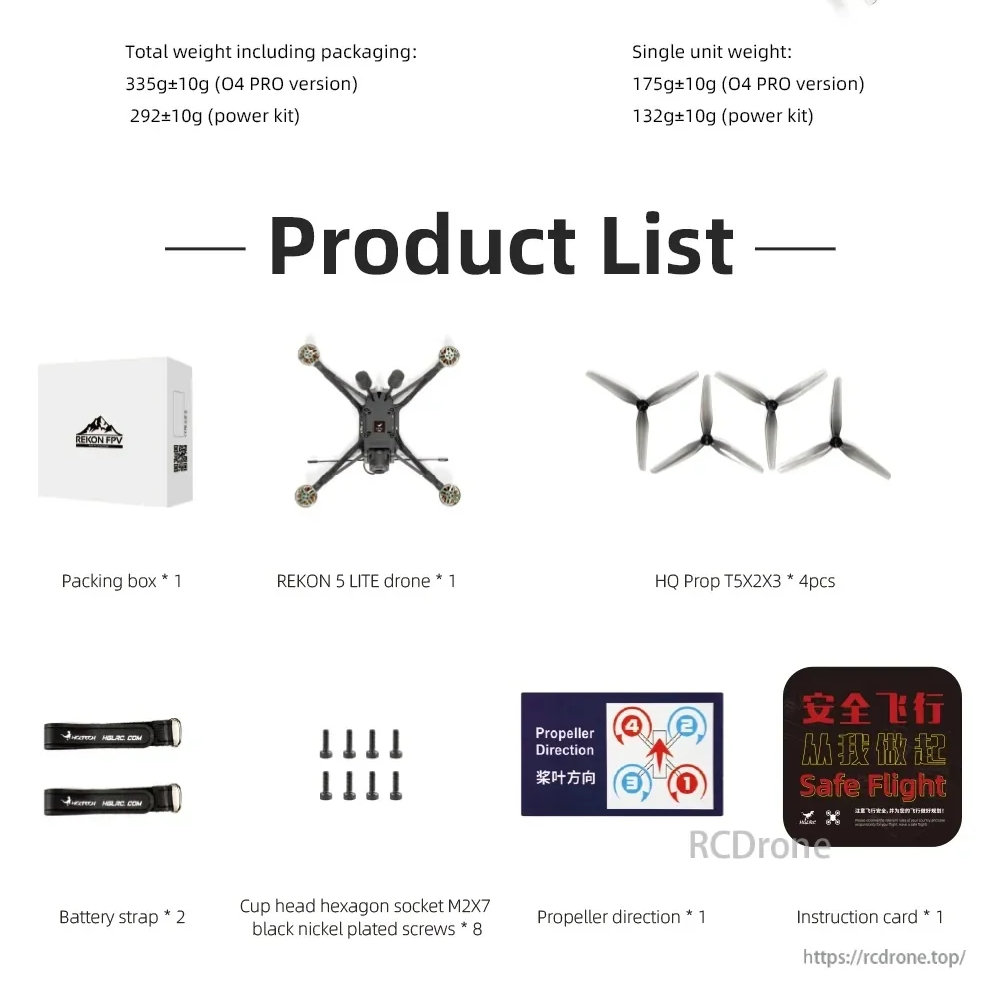 What’s included with the Rekon 5 Lite: drone, HQProp T5X2X3 propellers, battery straps, screws, prop direction card, instruction card