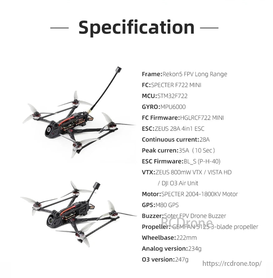 HGLRC Rekon5 Mini Long Range 5-Inch FPV, Rekon5 FPV drone features SPECTER F722 FC, STM32F722 MCU, MPU6000 gyro, ZEUS 28A ESC, BL_S firmware, ZEUS VTX, SPECTER motor, M80 GPS, Soter buzzer, and GEMFAN propellers.