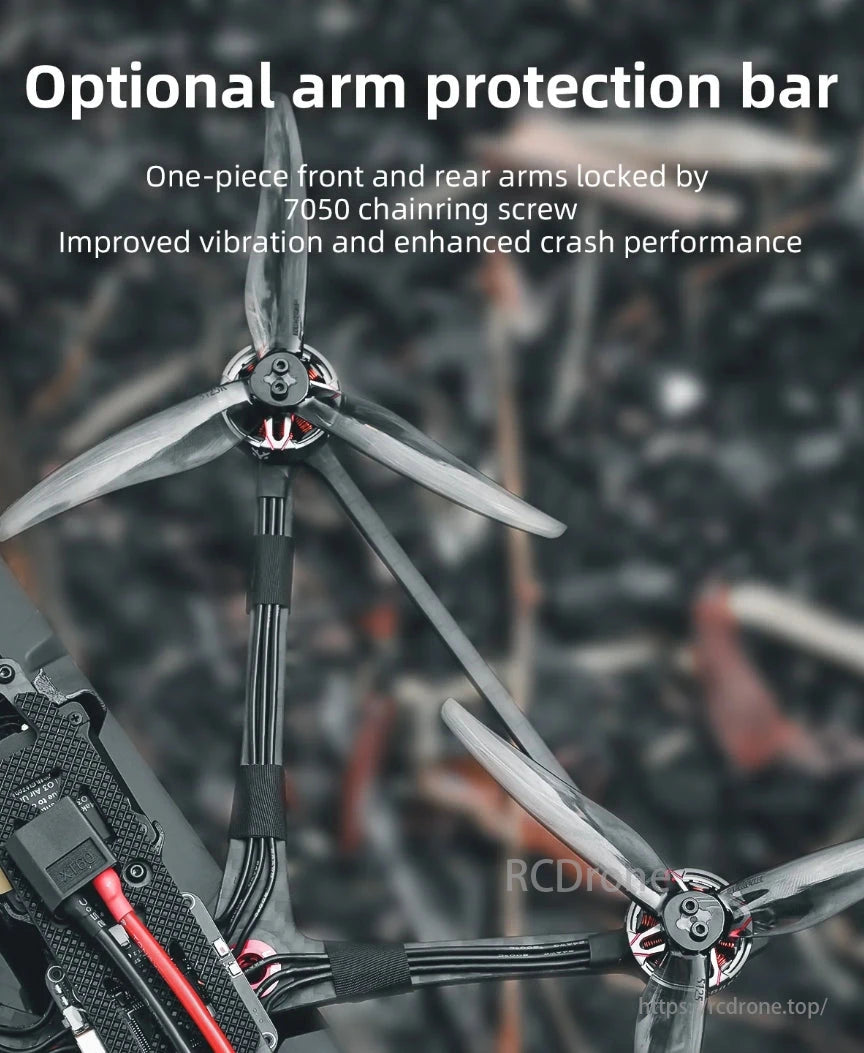 HGLRC Rekon5 Mini Long Range 5-Inch FPV, Optional arm protection bar enhances vibration performance and crash resistance with a one-piece design locked by 7050 chainring screws.