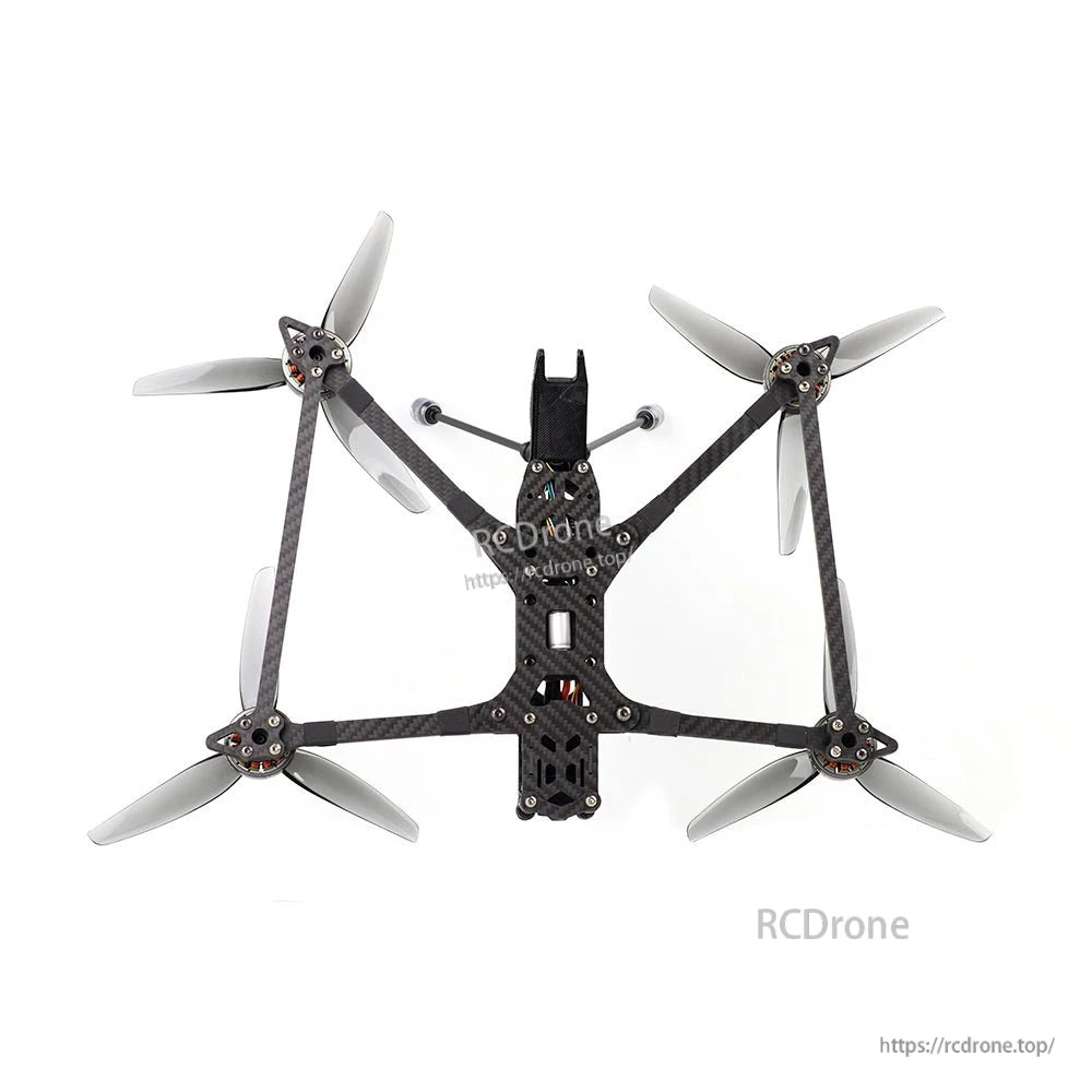Bottom view of Rekon7 PRO LR frame showing carbon plate layout, motor mounts and propellers