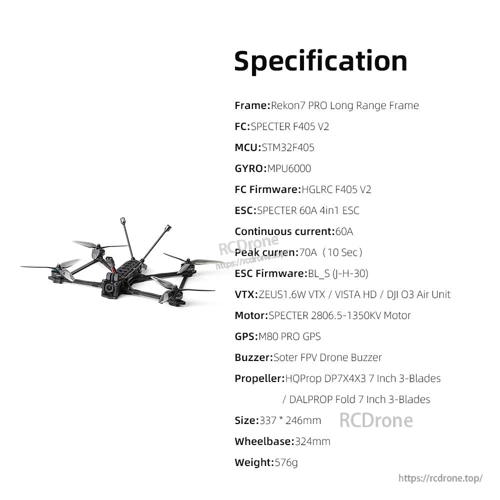 Rekon7 PRO LR specification chart graphic listing FC, ESC, VTX options, motor and size details