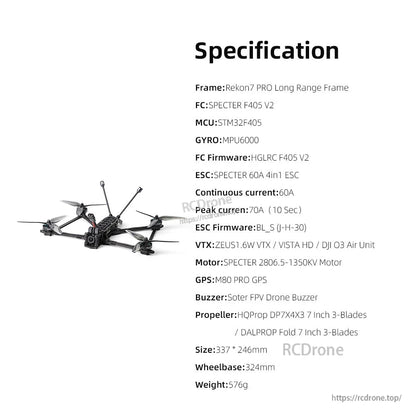 Rekon7 PRO LR specification chart graphic listing FC, ESC, VTX options, motor and size details