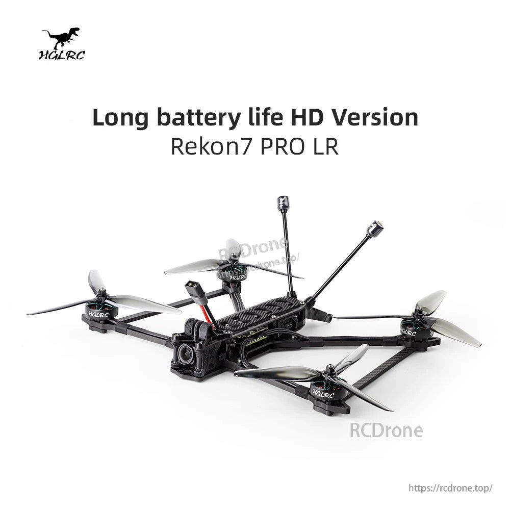 Rekon7 PRO LR promotional graphic with text 'Long battery life HD Version' and drone product image