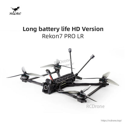 Rekon7 PRO LR promotional graphic with text 'Long battery life HD Version' and drone product image