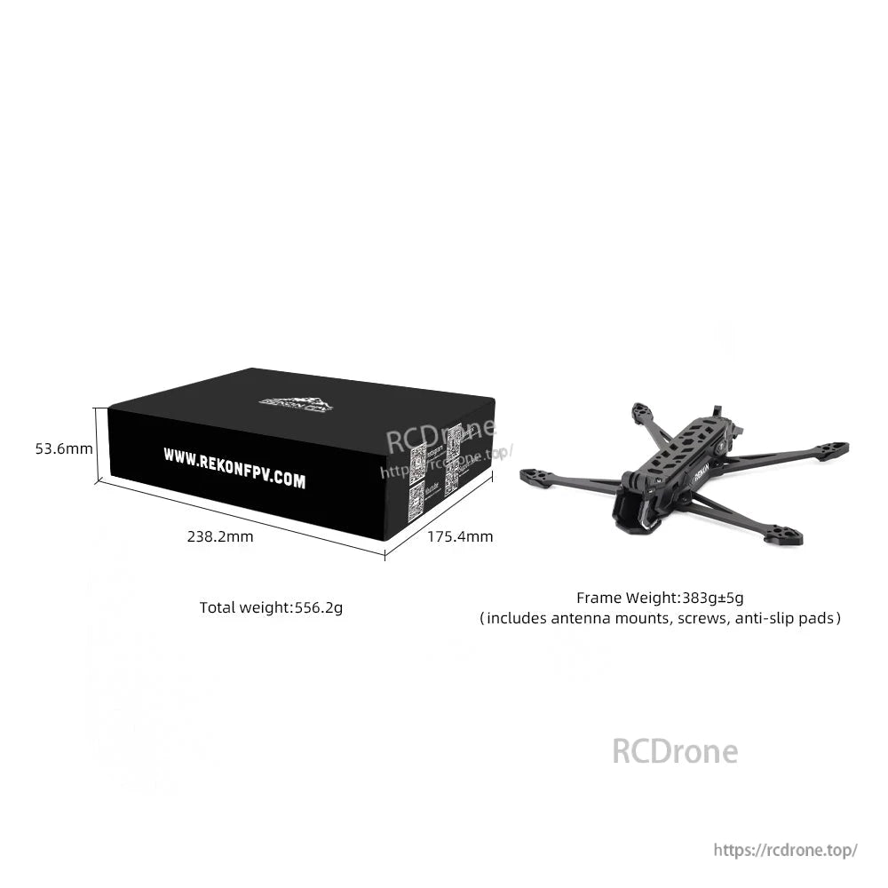Rekon FPV retail box dimensions and listed total weight and frame weight diagram