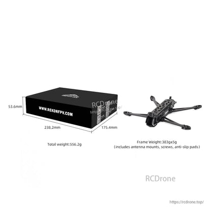 Rekon FPV retail box dimensions and listed total weight and frame weight diagram