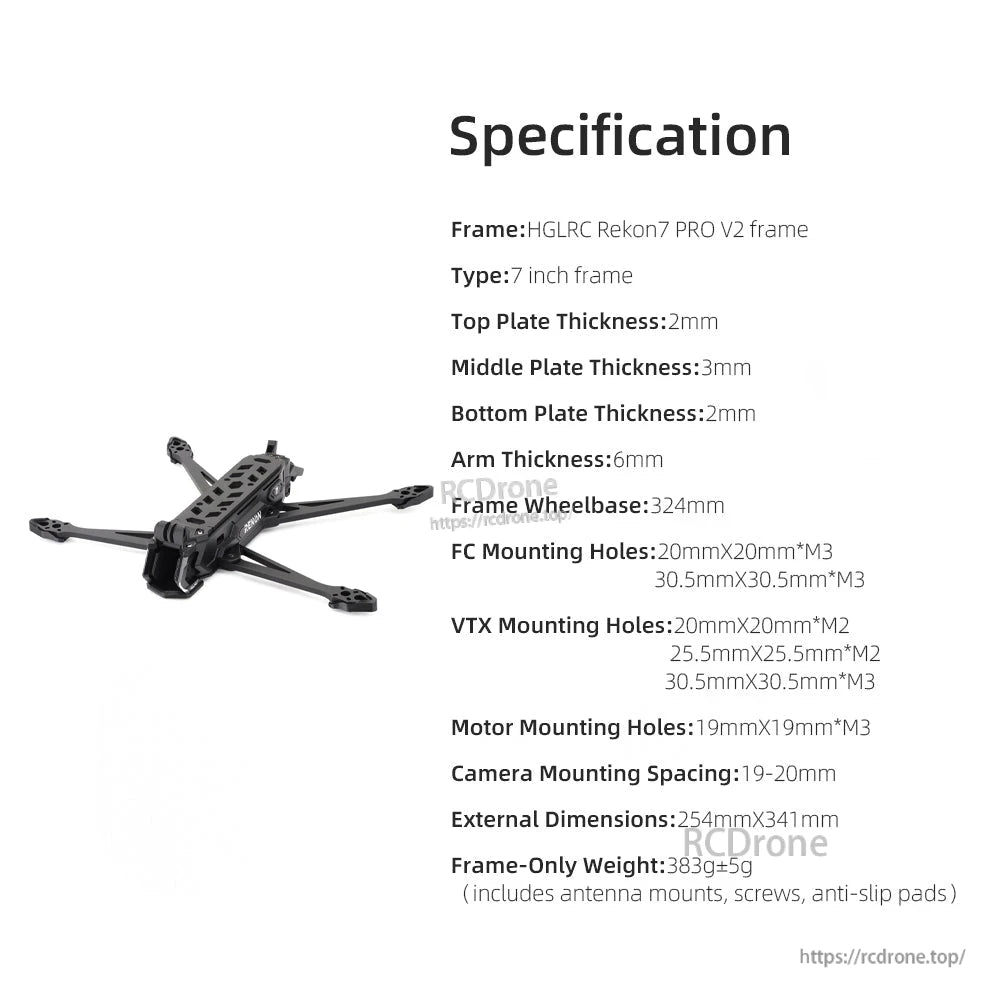 Specification sheet for HGLRC Rekon7 PRO V2 frame with plate thickness and mount sizes