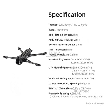 Specification sheet for HGLRC Rekon7 PRO V2 frame with plate thickness and mount sizes