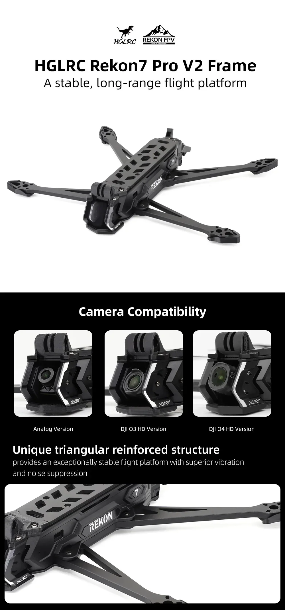 HGLRC Rekon7 PRO V2 7-inch long-range FPV frame overview with DJI O3/O4 and analog camera compatibility