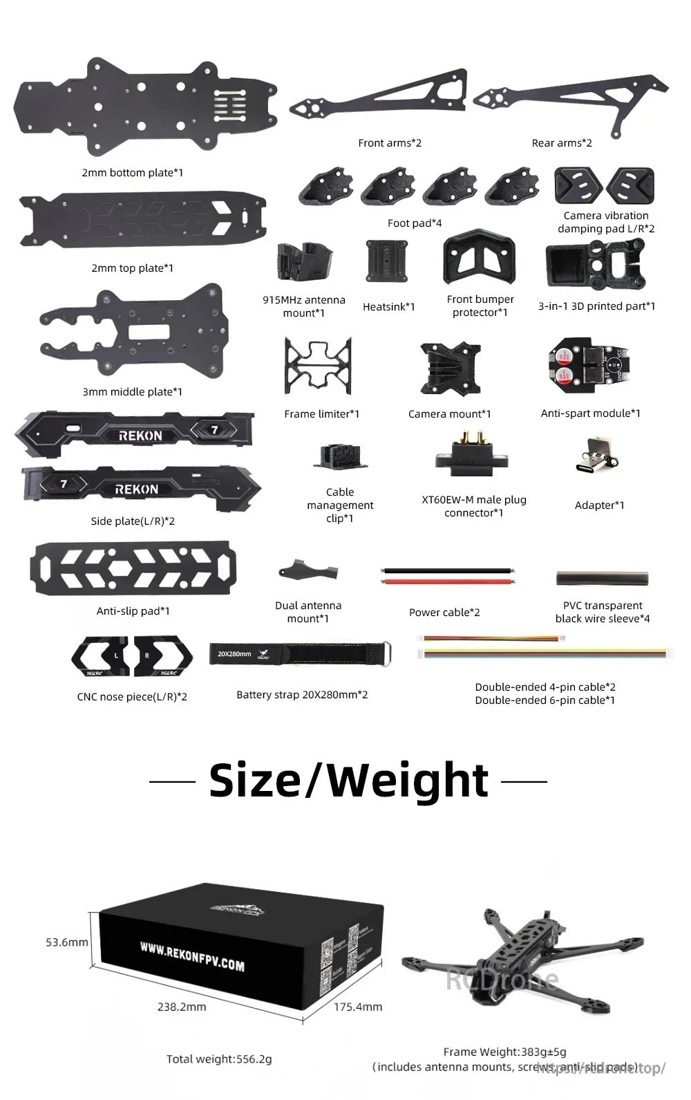 HGLRC Rekon7 PRO V2 frame kit contents layout with plates, arms, antenna mounts, wiring, straps, and size/weight info