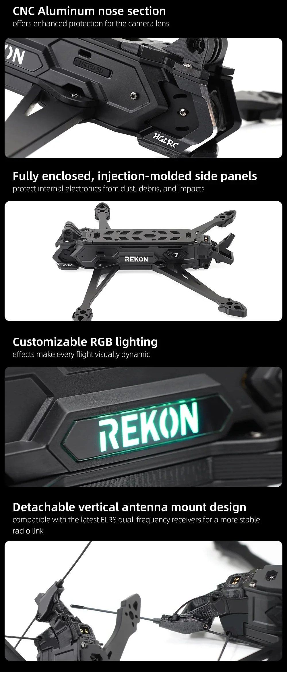 Close-up of CNC aluminum nose section, enclosed side panels, RGB Rekon logo light, and detachable vertical antenna mount