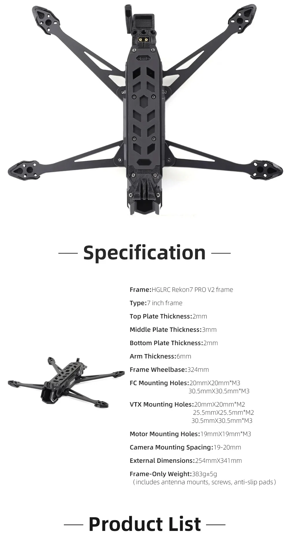 Top-down view of Rekon7 PRO V2 frame with specifications list including 324mm wheelbase and 6mm arm thickness