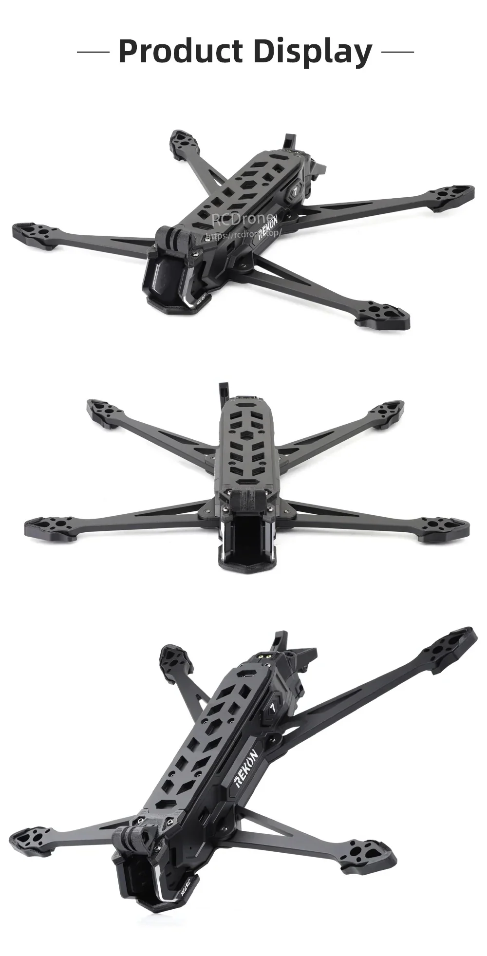 HGLRC Rekon7 Pro V2 frame product display with multiple angles showing long 7-inch arms and central body layout