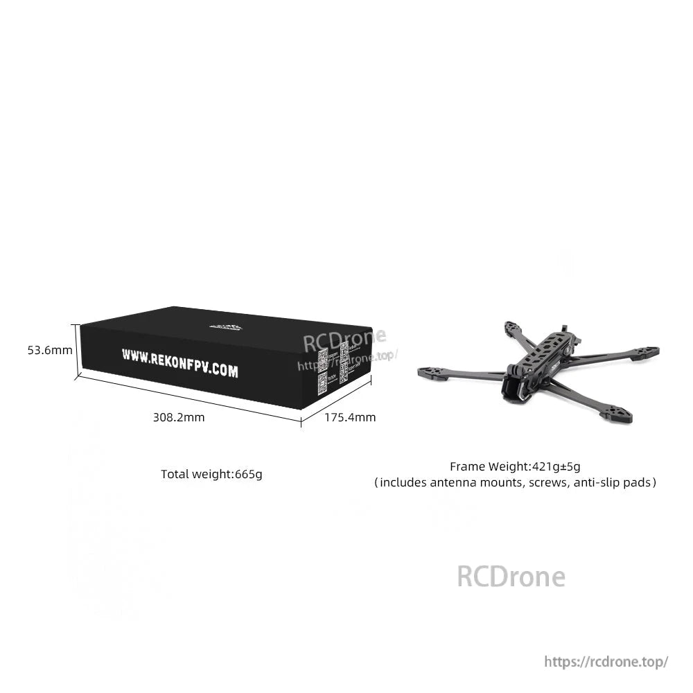 Rekon8 FPV frame packaging box dimensions and listed total weight and frame weight graphic