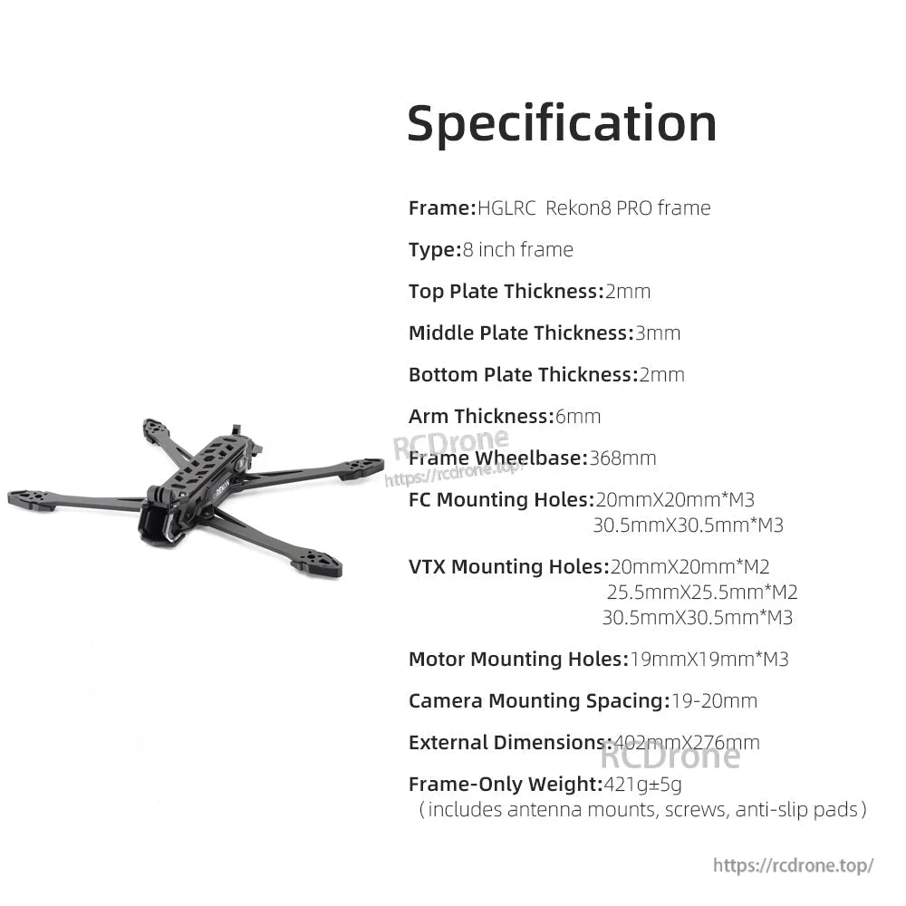 HGLRC Rekon8 PRO frame specification chart with plate thickness, wheelbase, mounts, and weight