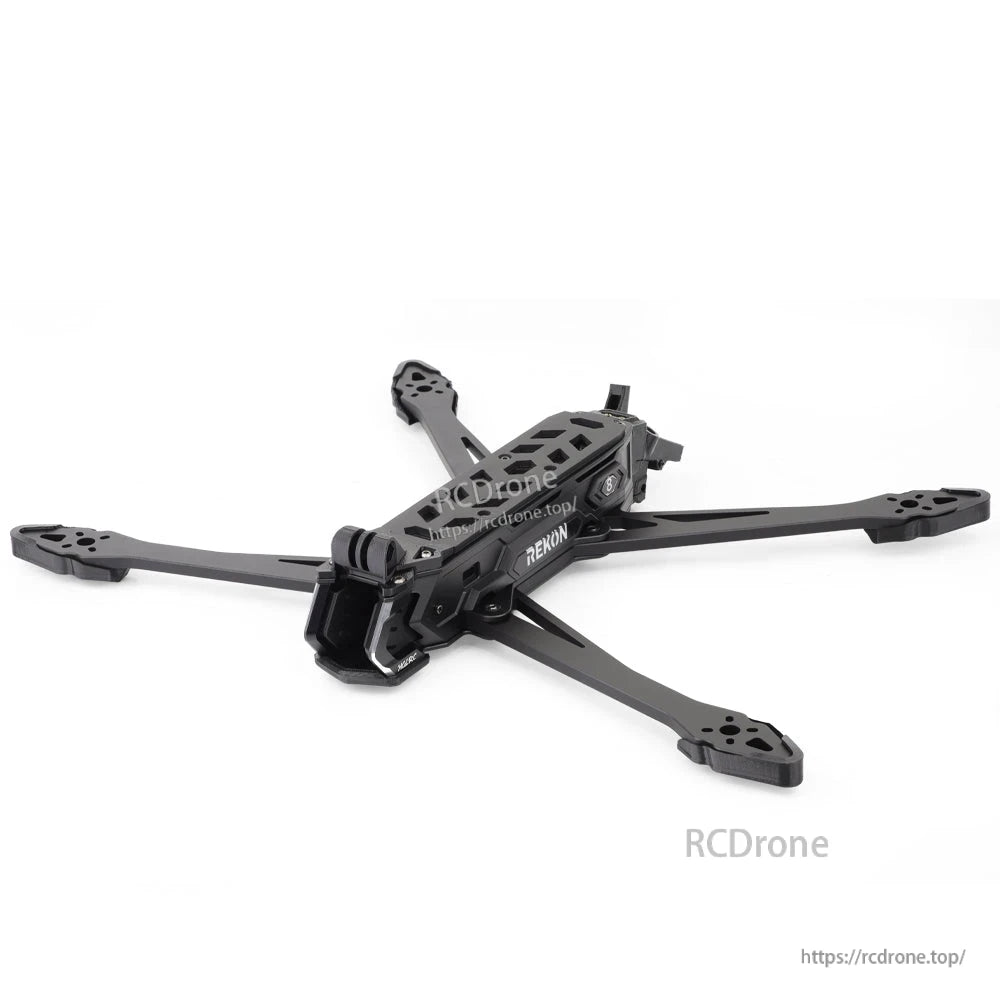 Angled view of Rekon8 FPV frame showing top plate cutouts and motor arm mounting holes