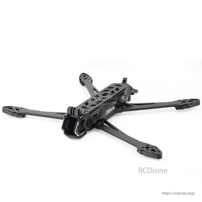 Angled view of Rekon8 FPV frame showing top plate cutouts and motor arm mounting holes