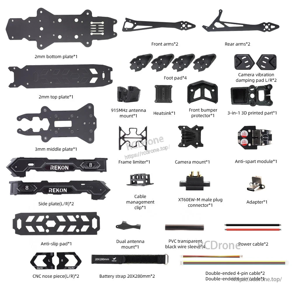Rekon8 PRO 8-inch frame kit package contents layout: plates, arms, mounts, straps, cables, hardware