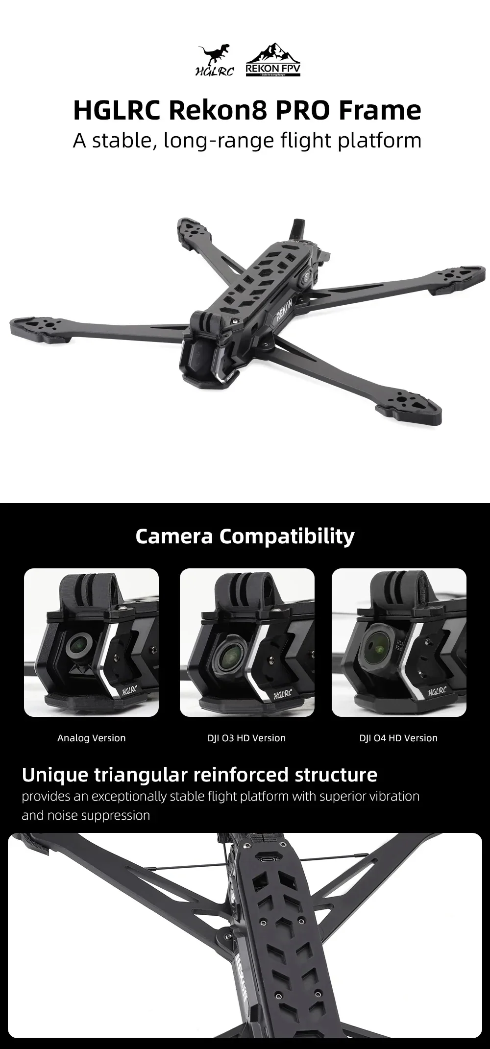 HGLRC Rekon8 PRO 8-inch long-range FPV frame with camera compatibility options (Analog, DJI O3, DJI O4)