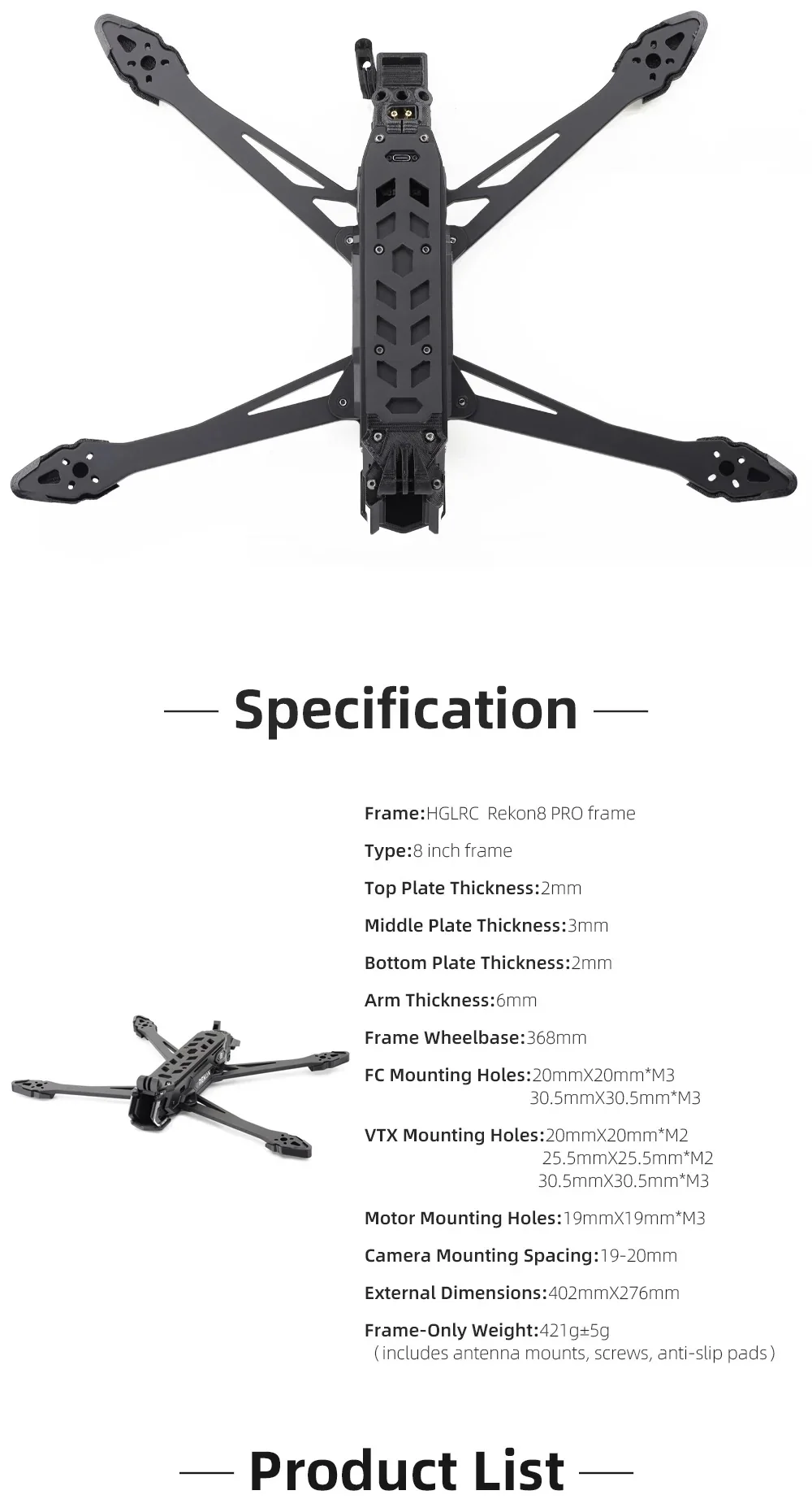 HGLRC Rekon8 PRO 8-inch frame specification sheet with wheelbase, plate thickness, mounting patterns, and weight