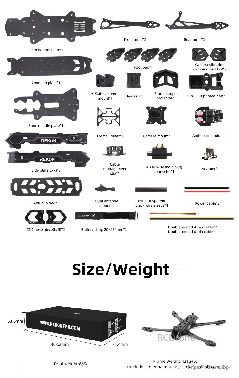 Rekon8 PRO frame kit parts list and size/weight details, including plates, arms, antenna mounts, straps, and wiring