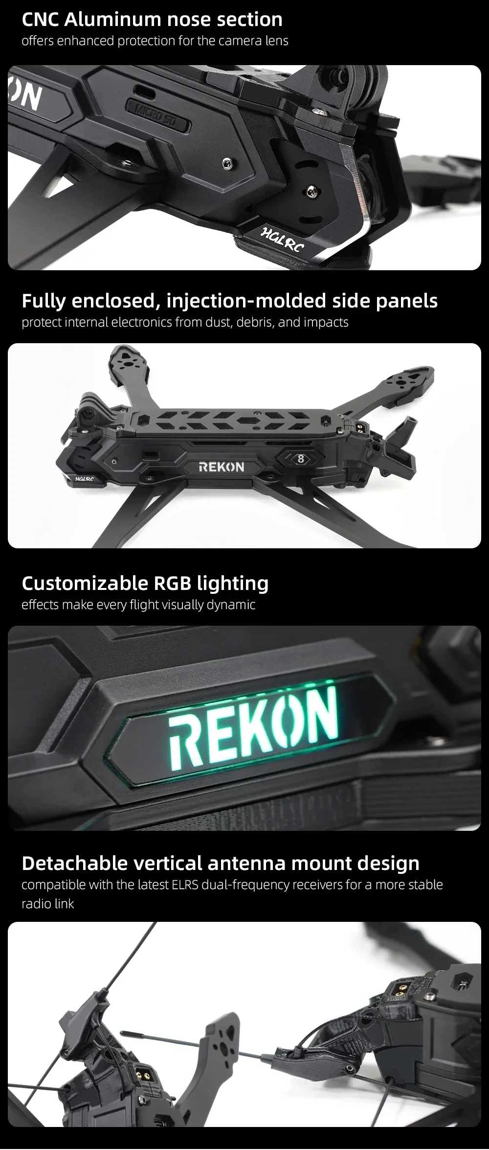 Close-up of CNC aluminum nose and enclosed side panels on the Rekon8 PRO frame, plus RGB logo and antenna mount