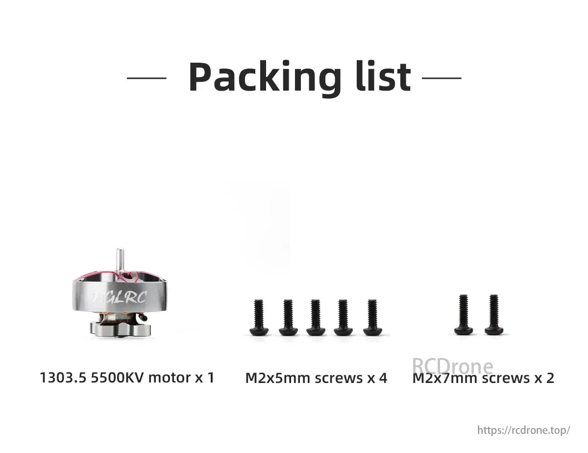 HGLRC SPECTER 1303.5 Brushless Motor, Packing list: 1303.5 5500KV motor, 4 M2x5mm screws, 2 M2x7mm screws included.