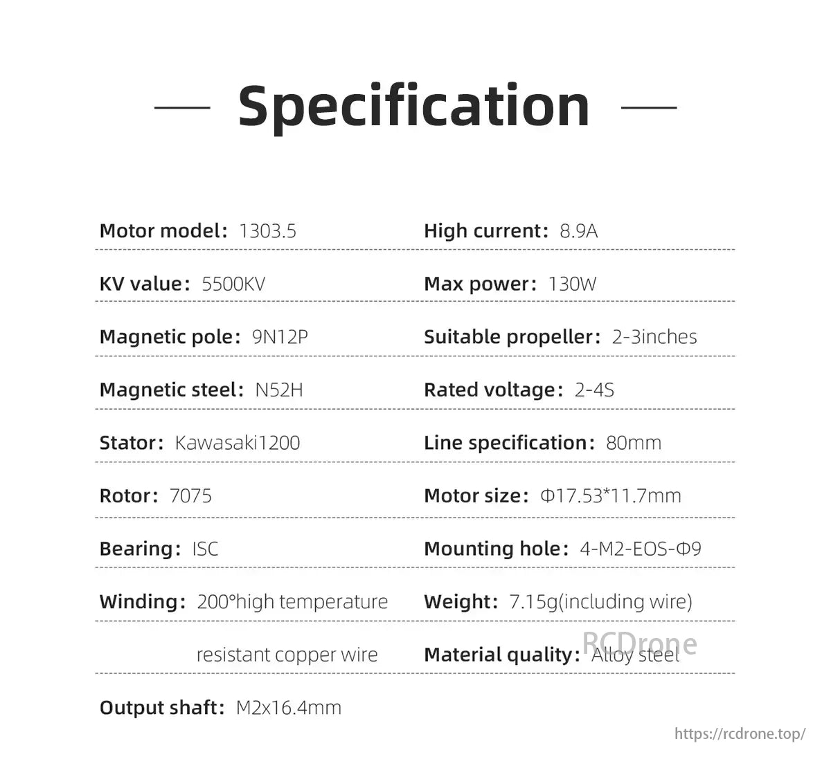 HGLRC SPECTER 1303.5 Brushless Motor, SPECTER 1303.5 motor: 5500KV, 8.9A, 130W, 2-3" props, 2-4S, Ø17.53x11.7mm, 7.15g, steel, M2x16.4mm shaft. Perfect for high-performance drones.