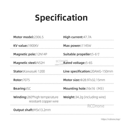 Specification table for HGLRC SPECTER 2306.5 1900KV brushless motor (KV, power, size, mounting, weight)