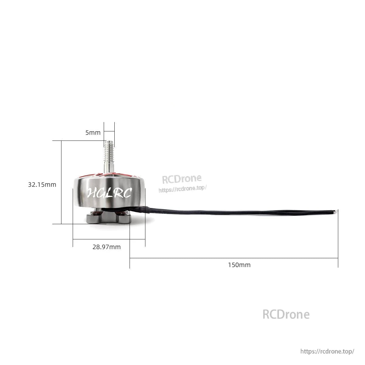 Motor dimension diagram showing 5mm shaft, 28.97mm diameter, 32.15mm height, and 150mm wire length