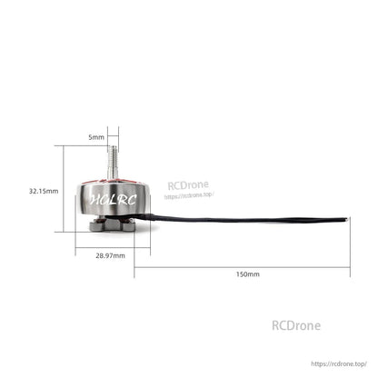 Motor dimension diagram showing 5mm shaft, 28.97mm diameter, 32.15mm height, and 150mm wire length
