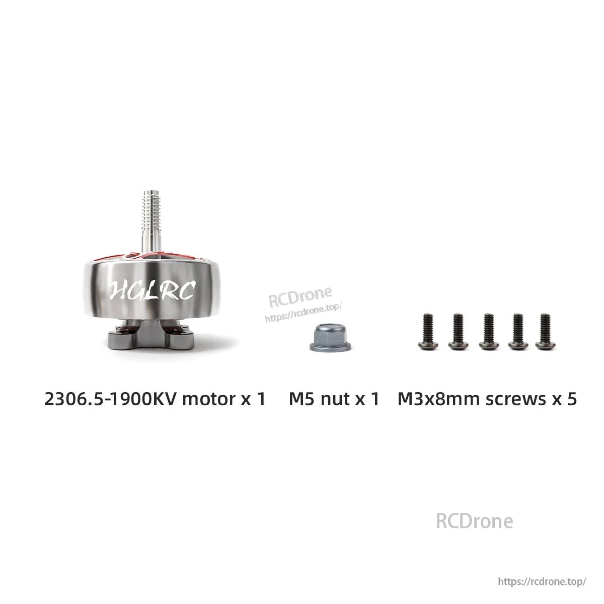 Package contents: HGLRC SPECTER 2306.5-1900KV motor, M5 nut, and five M3x8mm screws