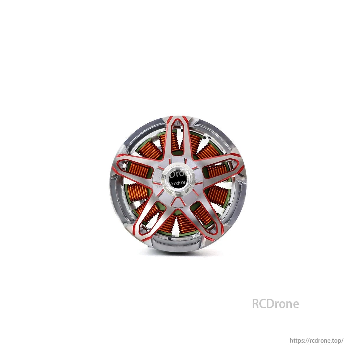 Front view into motor bell showing spoke pattern and exposed copper windings