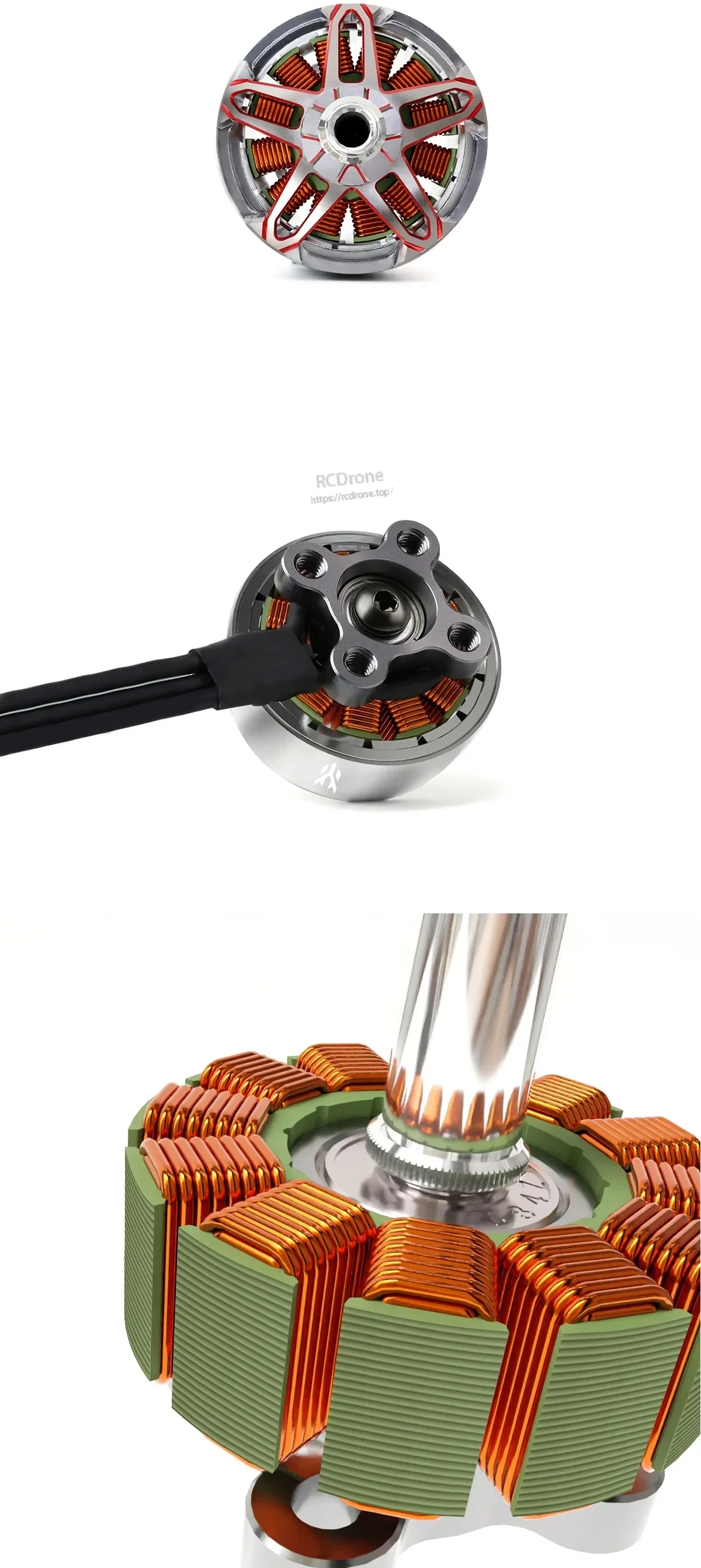 Top view and bottom mount view of motor, plus close-up of stator and copper windings on white background