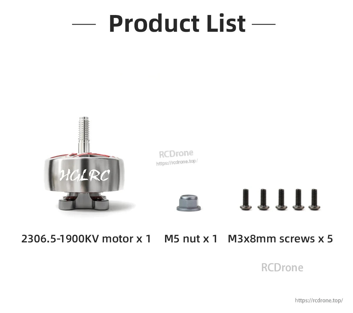 Package contents for 2306.5-1900KV motor: motor, M5 anti-loosening nut, and five M3×8mm screws